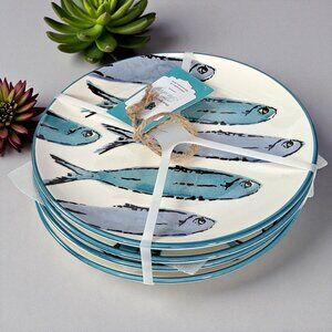 Papart Seramik 8" Salad Plates Blue Fish Hand Painted Coastal Set of 4 NEW